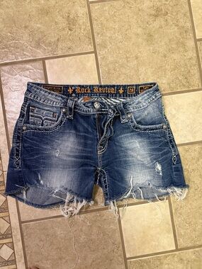 Rock Revival Distressed Blue Denim Shorts with Frayed Hem